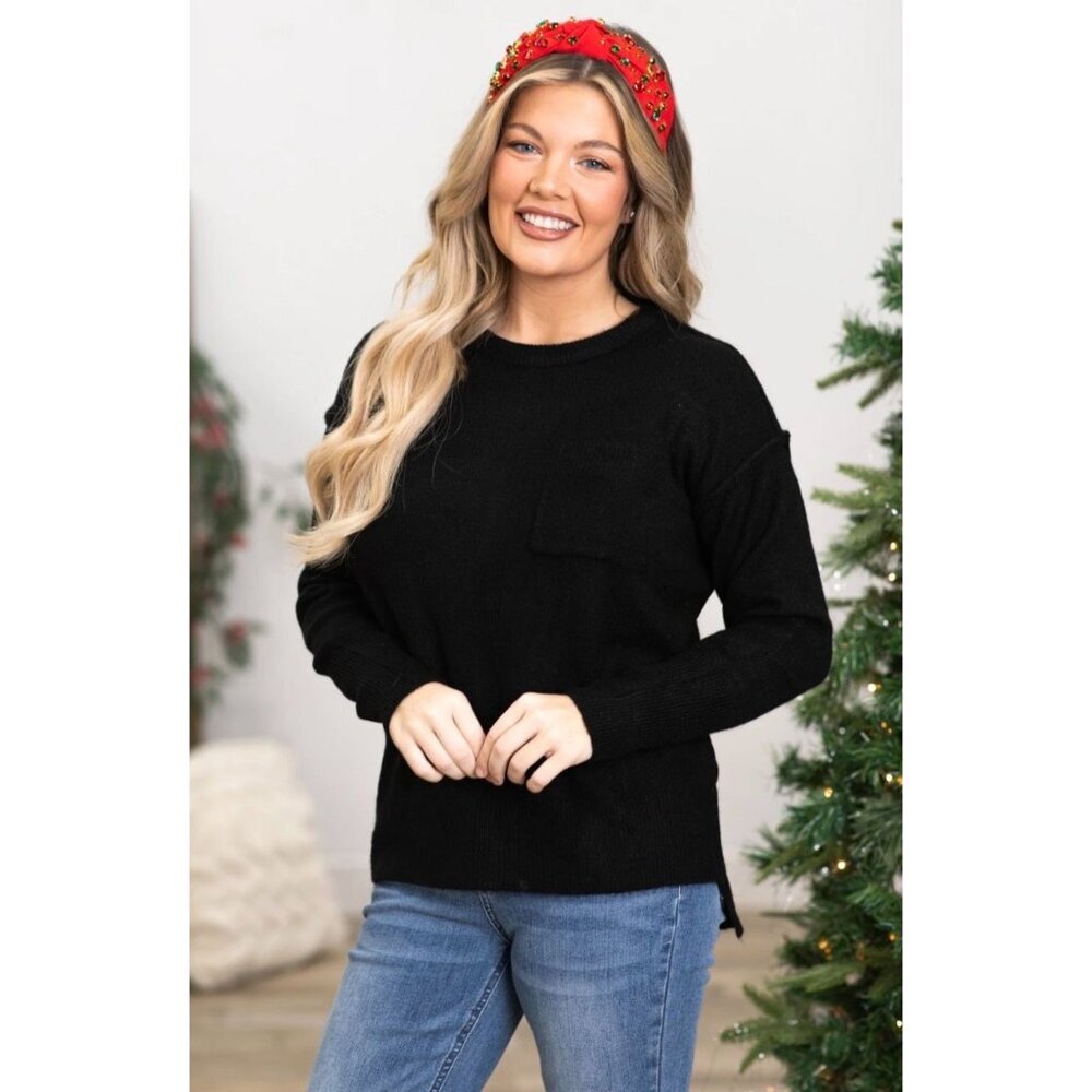 NEW Zenana High Low Sweater With Pocket Detail Black Size L XL [jb]